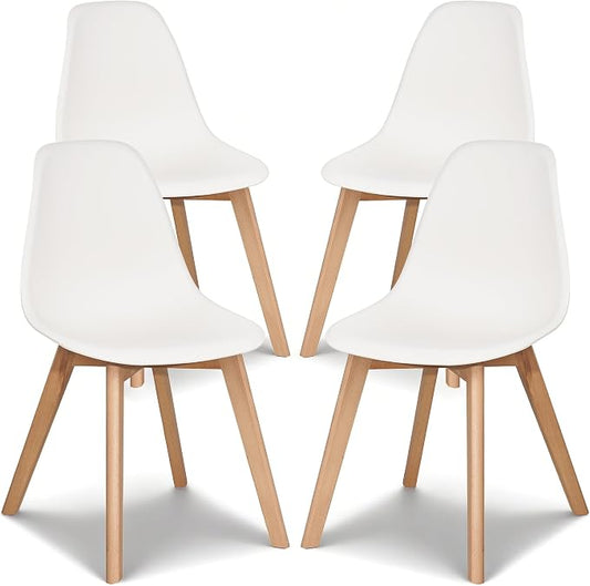 VECELO Dining Chairs Set of 4, Mid-Century Modern Kitchen & Dining Room Chairs, Molded Plastic Seat & Back, Solid Wood Legs, Armless, Non-Slip Feet, White