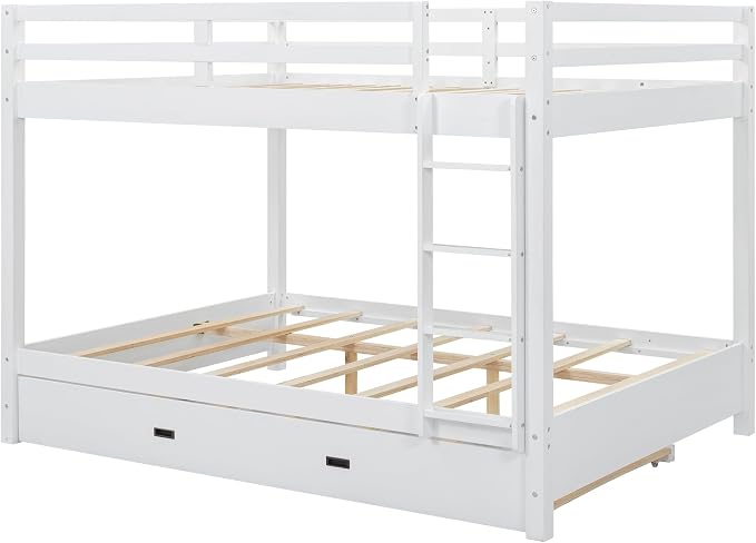 Merax Wood Queen Bunk Bed with Twin XL Trundle & Ladder - Space-Saving Design, Sturdy Frame & Guard Rails,White