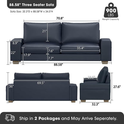 Valthie Faux Leather Couch, Mid Century Modern Comfy Loveseat Sofa with Wide Arm, Side Pockets, Solid Wooden Frame for Office, Living Room and Bedroom, 3 Seater (Blue, 88.58 inches)