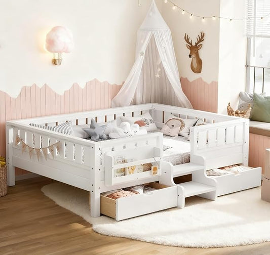 Bellemave Full Size Kids Bed with high Rails and with Built-in Bookshelf and Drawers for Kids, Girls, Boys, Wood Montessori Bed Without Door, White