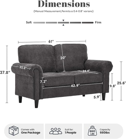 Kingfun Loveseat 2 Seater Couch, Mid Century Modern Chenille Sofa with Rolled Arms and Deep Seats, Fluffy Comfort for Living Room, Apartment, Easy Assembly, Grey