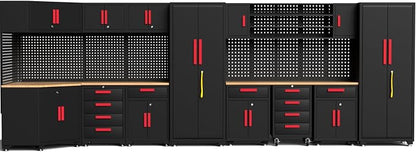 17PCS Garage Cabinets and Storage System with Corner Cabinet, Garage Storage Cabinet System,Cabinet Drawers, Workbench, Pegboard for Tool Organization, Red Black