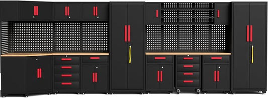 17PCS Garage Cabinets and Storage System with Corner Cabinet, Garage Storage Cabinet System,Cabinet Drawers, Workbench, Pegboard for Tool Organization, Red Black