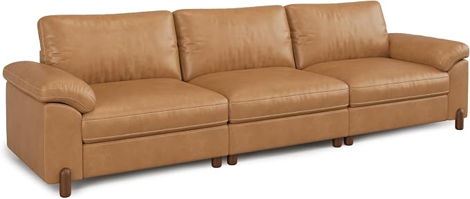 SITJOY Large Cloud Couch, 118" Wide 3 Seater Sofa, Faux Leather in Brown | Pet-Friendly Scratch-Resistant Leather Sectional Sofas for Living Room, Deep Seat Wide Couch