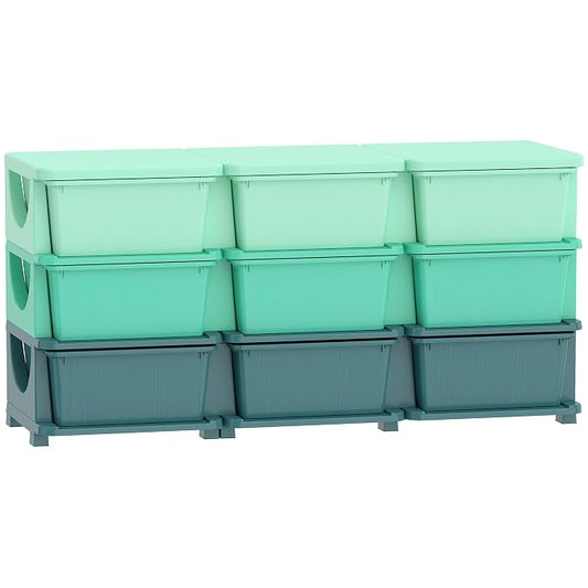 Qaba 9 Drawers Kids Storage Unit, 3 Tier Stackable Toy Organizers and Storage Chest for Bedroom, Nursery, Playroom, Living Room, Boys, Girls, Toddlers, Green