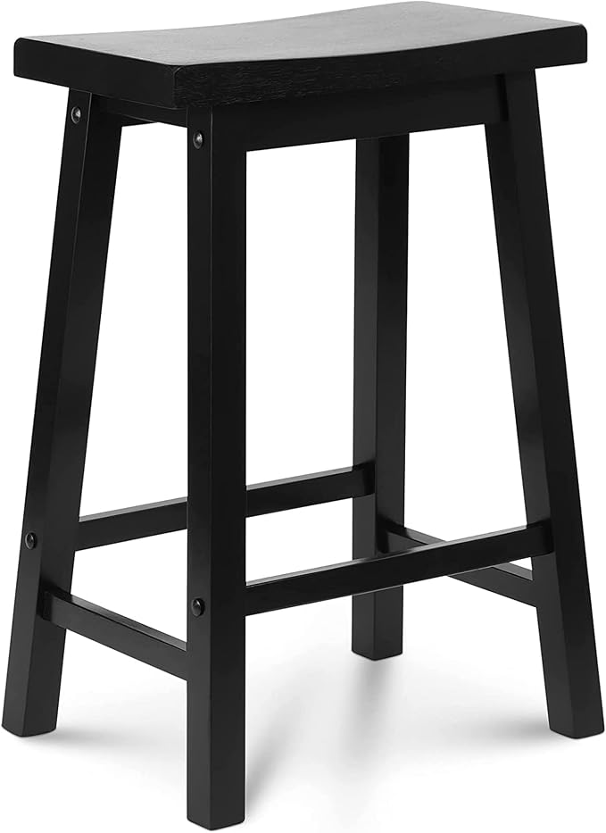 PJ Wood 24 Inch Single A Frame Classic and Modern Comfortable Wooden Bar Stool Saddle Seat with Built in Bars as Footrests, Black