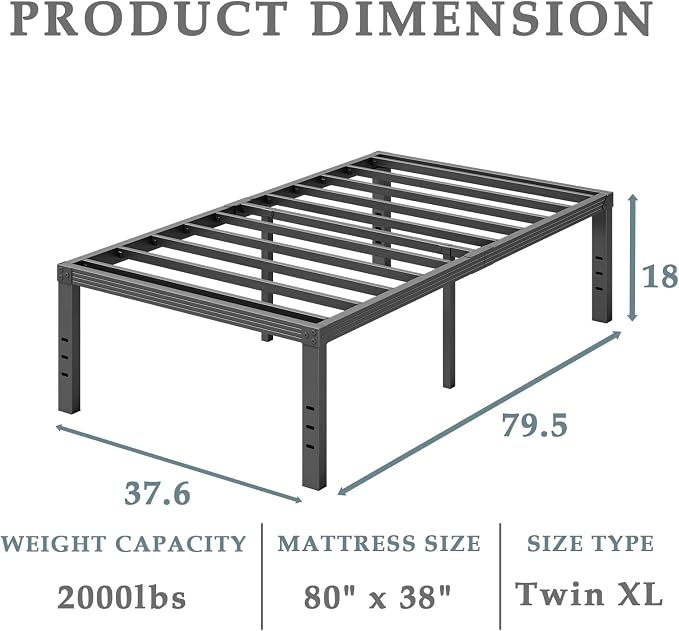 FSCHOS 18 Inch Metal-Bed-Frame Twin-XL/No Box Spring Needed/Reinforced Steel Slats Support/Heavy Duty Mattress Foundation/Easy Assembly/Noise Free/Black