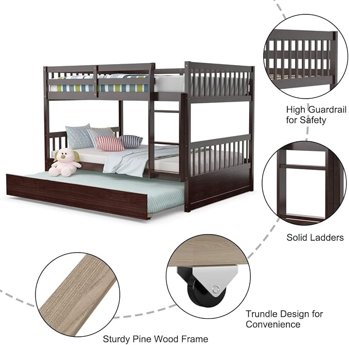 NAFORT Twin Over Twin Bunk Bed with Trundle, Solid Wood Bed Frame with Ladder & Safety Guardrails, Space Saving Bunk Bed for Kids Teens Adults Guest Room, Convertible Design, Espresso