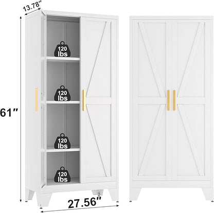 Baborokic 61H Metal Storage Cabinet with 2 Doors and Adjustable Shelves,Farmhouse Storage Cabinet with Barn Doors,Pantry Storage for Home,Office,Bathroom,Dining Room,Kitchen(White)
