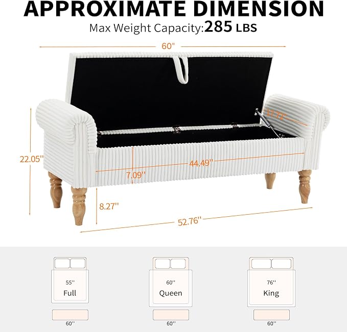 Storage Bench for Bedroom, 60" End of Bed Bench Premium Linen Upholstered Storage Ottoman, Entryway, Closet, White