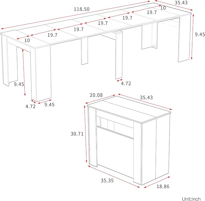 Transformer Dining Table for 12, 118” Expandable Rectangle Dining Room Table, Space Saving Folding Console Table, Modern Kitchen & Dining Furniture White