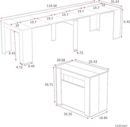 Transformer Dining Table for 12, 118” Expandable Rectangle Dining Room Table, Space Saving Folding Console Table, Modern Kitchen & Dining Furniture White