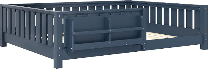 Bellemave Full Size Floor Bed with Slats and Guardrails, Full Size Montessori Floor Bed with Bookcase and Fence, Low Profile Montessori Beds for Kids, Blue Floor Beds Frame