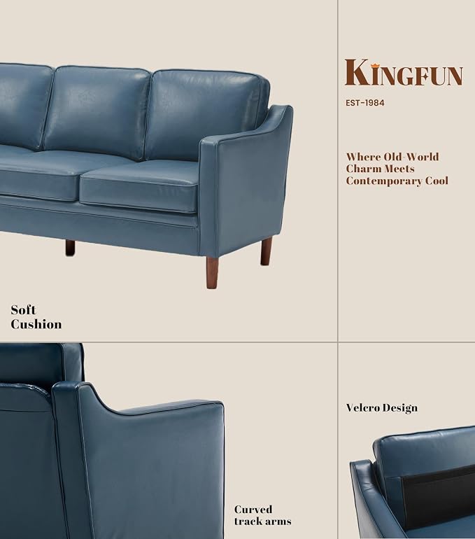 Kingfun 80" Faux Leather Sofa, 3 Seater Couch, Mid Century Modern Couches with Solid Wood Legs for Living Room Bedroom