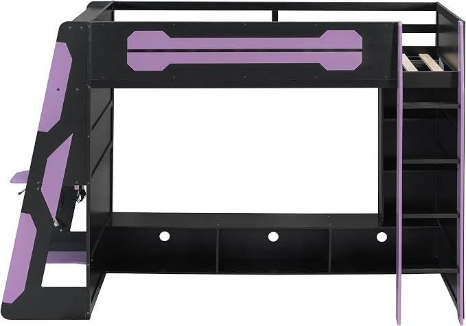 Merax Twin Size Loft Bed with Desk, Multi-Storage Shelves and RGB Light | Space-Saving Wooden Gaming Bed Frame with Charging Station and Guardrail
