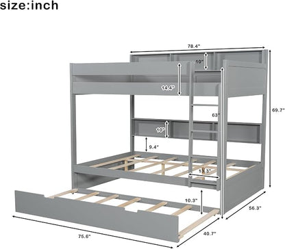 Harper & Bright Designs Rustic Wood Bunk Bed with Pull-Out Trundle, Full Over Full Wooden Bunk Bed with Large Cabinet Beside Upper and Down Bed, Gray