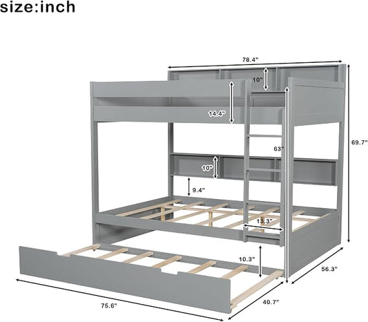 Harper & Bright Designs Rustic Wood Bunk Bed with Pull-Out Trundle, Full Over Full Wooden Bunk Bed with Large Cabinet Beside Upper and Down Bed, Gray