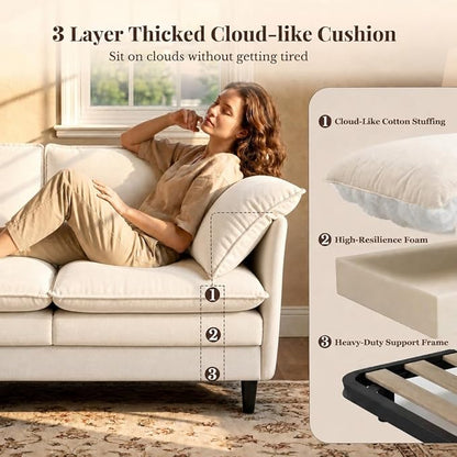 Convertible Sectional Sofa, 69" Small Cloud L-Shaped 3-Seat Couch with Movable Ottoman & Curved Armrest, Modern Chenille Fabric for Living Room, Apartment and Small Space, Beige