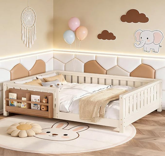 Bellemave Queen Size Floor Bed with high Rails and with Built-in Bookshelf for Kids, Girls, Boys, Wood Montessori Floor Bed Without Door, Beige