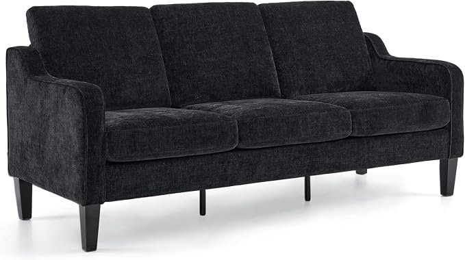 VINGLI Black Couches for Living Room, 71" Small Couch Comfy 3 Seater Upholstered Chenille Sofa Mid-Century Modern Floor Sofas for Small Spaces, Bedroom, Apartment, Lounge, Office