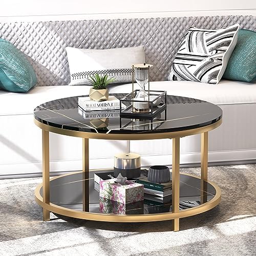 WiberWi Round Coffee Table 33.5" Coffee Tables for Living Room High Glossy Faux Balck Marble Top Modern Circle Table Sturdy Gold Metal Frame Legs Cocktail Table with Storage Open Shelf
