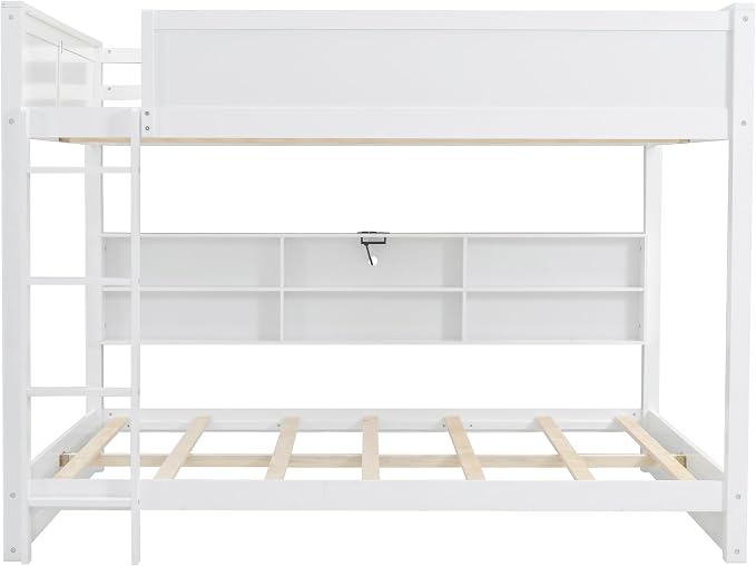 Wood Bunk Bed Queen Over Queen Size with Built-in Storage Cabinets and USB Ports, Versatile Bunk Bed Frame with Ladder and Guardrail for Kids Teens Adult, Maximize Space (White-9.30)