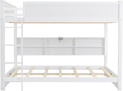 Wood Bunk Bed Queen Over Queen Size with Built-in Storage Cabinets and USB Ports, Versatile Bunk Bed Frame with Ladder and Guardrail for Kids Teens Adult, Maximize Space (White-9.30)