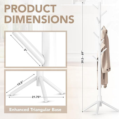 Hupmad Wooden Tree Coat Rack Stand,Sturdy Freestanding Coat Rack with 8 Hooks,3 Adjustable Height for Child Adult,Wood Coat Stand Tree Fits Entryway Bedroom Office for Bags,Hats, 2 Pack