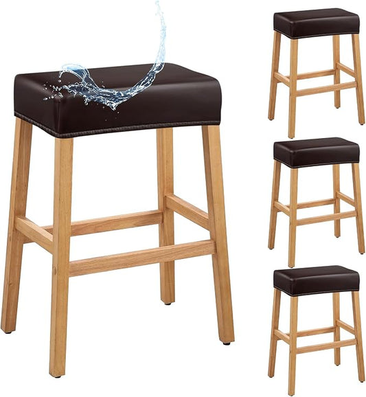PU Leather Bar Stool Covers Rectangular, 100% Waterproof Stool Covers Rectangle Super Stretch 20% Thicker Leather Saddle Stools Cover Rectangular Counter Bar Stools with Elastic Band (4 PCS, Brown)