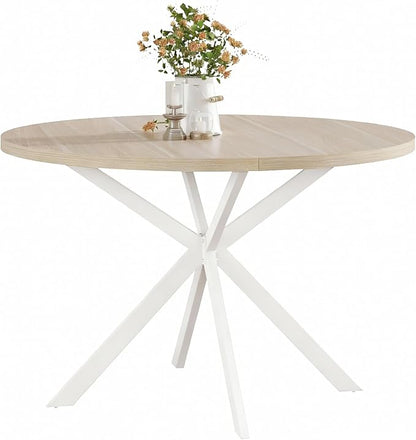 ChooChoo 47.2 Inch Round Dining Table for 4, Farmhouse Wood Kitchen Table, Circle Dinner Table for Kitchen & Dining Room, Natural Oak&White