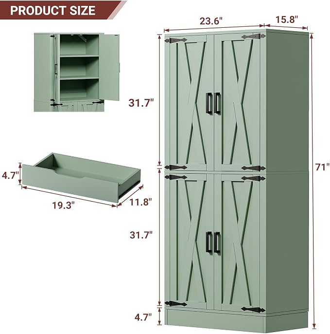 Unikito 71" Tall Kitchen Pantry Storage Cabinet with Farmhouse Barn Doors and Storage Drawer, 4 Adjustable Shelves, Freestanding Cupboard for Dining Room, Living Room, Utility Room, Green