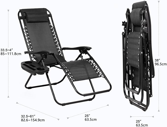 Nazhura Set of 2 Relaxing Recliners Patio Chairs Adjustable Steel Mesh Zero Gravity Lounge Chair Beach Chairs with Pillow and Cup Holder Black