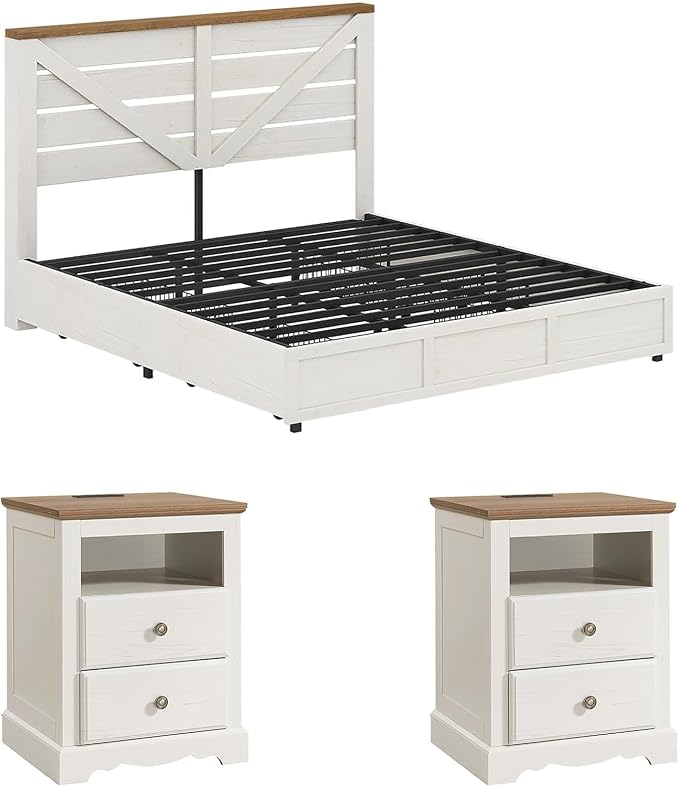AMERLIFE 3 Piece Bedroom Set, Including Farmhouse Queen Size Bed Frame with 4 Drawers, Nightstands Set of 2 with Charging Station for Bedroom, White