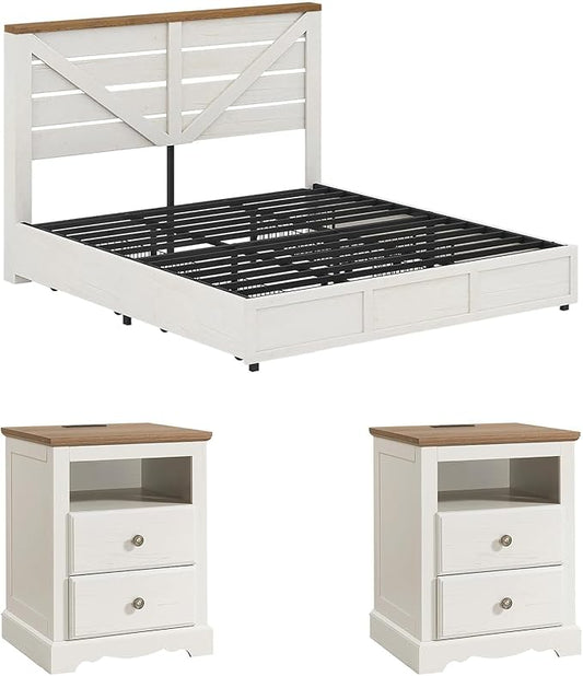 AMERLIFE 3 Piece Bedroom Set, Including Farmhouse Queen Size Bed Frame with 4 Drawers, Nightstands Set of 2 with Charging Station for Bedroom, White