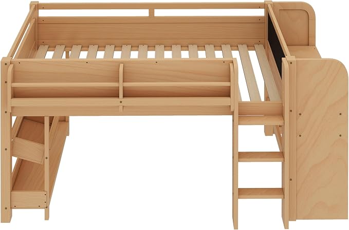 Bellemave Twin Size Low loft Bed with Desk and bookcases, Boxes and Drawers for Kids,Wood Modern Farmhouse Kids Loft Beds with Shelf, Natural