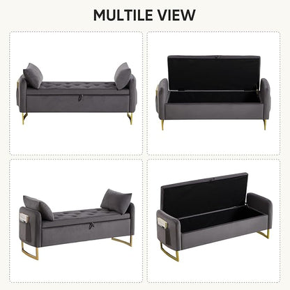 48" End of Bed Bench, Modern Storage Benches with Button-Tufted, Velvet Upholstered Storage Ottoman Bench for Foot of Bed with Arms, Gold Legs Window and Entryway, Dark Grey