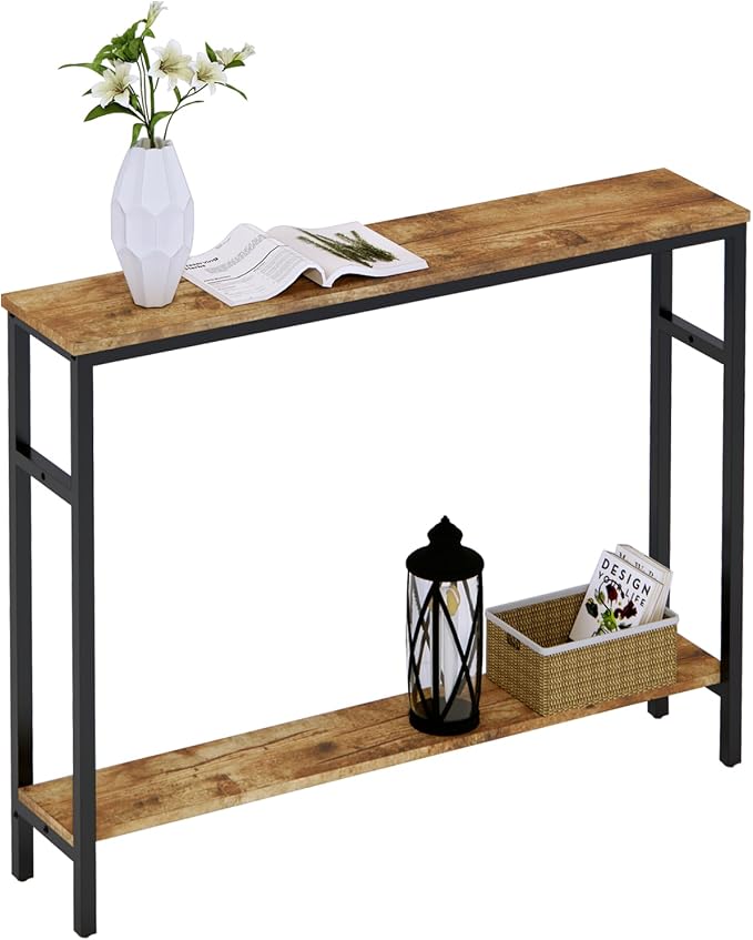 Timberer Narrow Console Table, 39.4” Sofa Table with Adjustable Shelf, 2-Tier Long Skinny Table for Hallway, Entryway, Living Room, Foyer, Rustic Brown