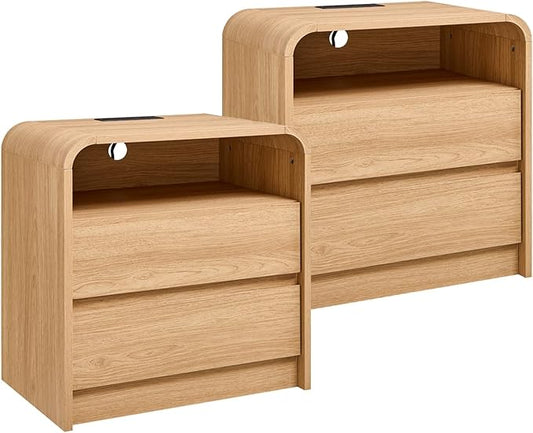Aitjunz 25" Tall Modern Nightstand Set of 2, 23.6'' Wide Wood Bedside Table w/2 Storage Drawers, Charging Station, Mid Century End Table for Bedroom, Living Room,Curved Profile Design, Natural Oak