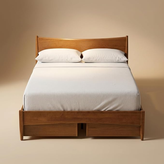 mopio Retrovie Mid-Century Modern Queen Bed Frame – Solid Wood Legs, LVL Slat System, No Box Spring Needed, Supports 661 lbs, Easy Assembly (Walnut, 4 Drawers)
