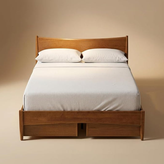 mopio Retrovie Mid-Century Modern Queen Bed Frame – Solid Wood Legs, LVL Slat System, No Box Spring Needed, Supports 661 lbs, Easy Assembly (Walnut, 4 Drawers)
