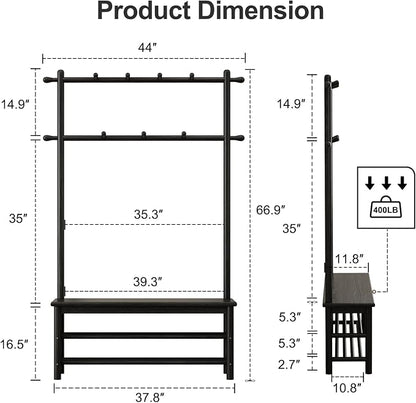AQIMUELE Coat Rack with Shoe Storage, Wooden Hall Tree with Bench, 11 Hooks and 2-Tier Storage Shelves, 3-in-1, Entryway Bench with Coat Rack (39.3"-Black)