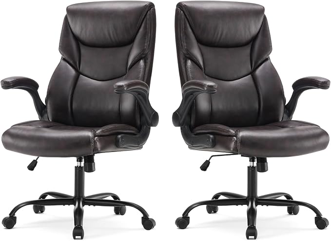 Sweetcrispy Ergonomic Computer Gaming Office Chair Set of 2, Heavy Duty Task Desk Swivel Rolling Chairs with Wheels, Flip-up Arms, Adjustable Height, PU Leather,Dark Brown