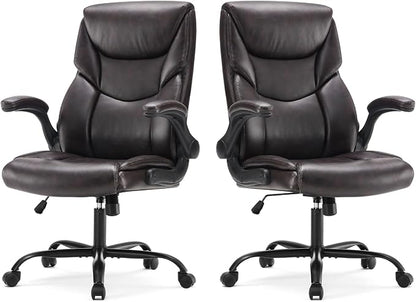 Sweetcrispy Ergonomic Computer Gaming Office Chair Set of 2, Heavy Duty Task Desk Swivel Rolling Chairs with Wheels, Flip-up Arms, Adjustable Height, PU Leather,Dark Brown