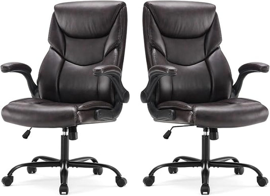 Sweetcrispy Ergonomic Computer Gaming Office Chair Set of 2, Heavy Duty Task Desk Swivel Rolling Chairs with Wheels, Flip-up Arms, Adjustable Height, PU Leather,Dark Brown