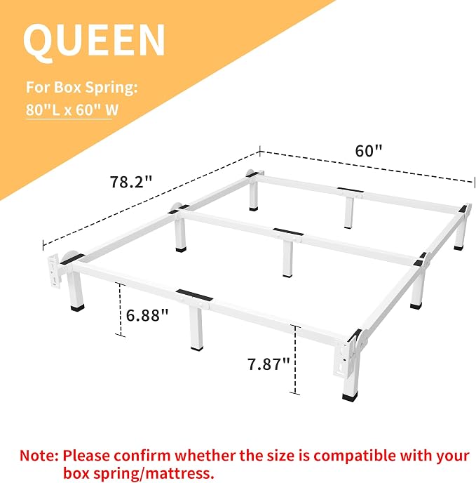 Superay Metal Bed Frame, 9-Leg Bed Base, 8 inches Support for Box Spring, Queen, Easy Assembly, White