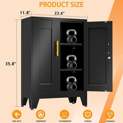 Metal Tool Storage Cabinet with Lock Doors and Adjustable Shelves, Small Locking Garage Storage Cabinet, Black Steel Tool Cabinets with Leveling Feet for Garage, Basement, Office, Utility Room