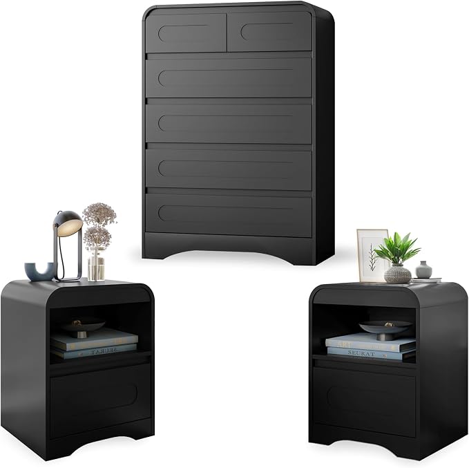 3 Piece Bedroom Set, Dresser and Nightstand Sets for Bedroom | Wood 6 Drawer Dresser & Night Stand Set of 2, Tall Chest of Drawers Modern Storage Cabinet Bedroom Furniture Set, Black