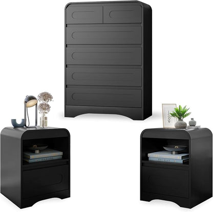 3 Piece Bedroom Set, Dresser and Nightstand Sets for Bedroom | Wood 6 Drawer Dresser & Night Stand Set of 2, Tall Chest of Drawers Modern Storage Cabinet Bedroom Furniture Set, Black