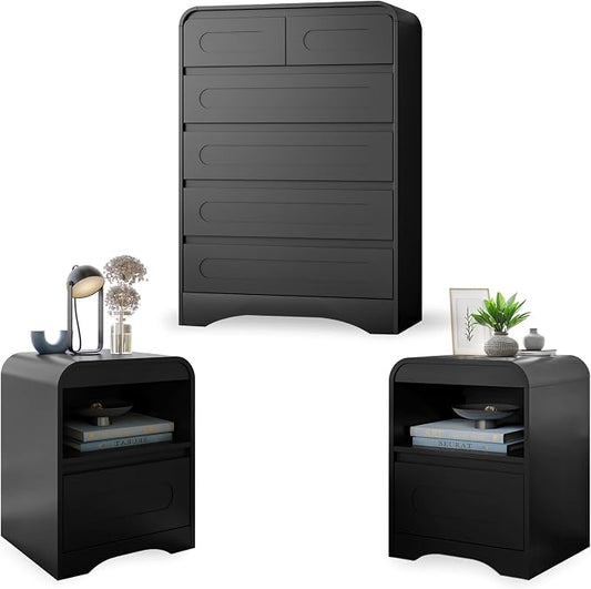3 Piece Bedroom Set, Dresser and Nightstand Sets for Bedroom | Wood 6 Drawer Dresser & Night Stand Set of 2, Tall Chest of Drawers Modern Storage Cabinet Bedroom Furniture Set, Black