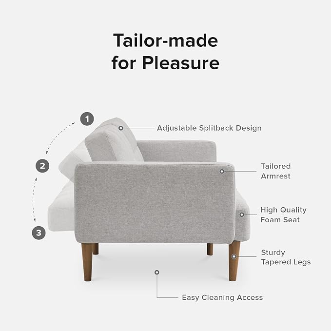 mopio Aaron 76.8" Couch, Small Futon Sofa Bed, Sleeper, Loveseat, Mid Century Modern Futon Couch, Sofa Cama, Couches for Living Room, Bedroom (Light Gray, Fabric)